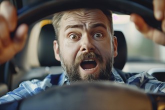 A man sits in a car and looks at the speedometer in surprise and shock, symbolic image, distraction