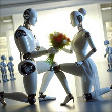 A male humanoid robot kneels in front of a female humanoid robot and presents her with a bouquet of