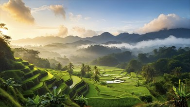 Early morning light bathes Philippines rice terraces cascading down mountain slopes, AI generated