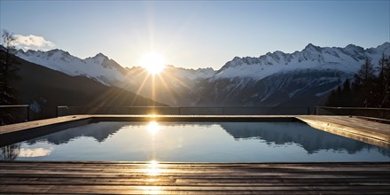 AI generated tranquil ambiance of empty wooden deck with swimming pool and a view on snow covered