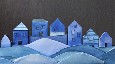 AI generated watercolor landscape featuring blue paper houses contrasting a dark grey background