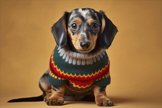 Merle Dachshund dog with warm winter sweater on studio background. KI generiert, generiert AI