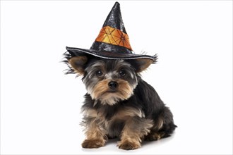 Small Yorkshire Terrier dog with Halloween costume witch hat on white background. KI generiert,