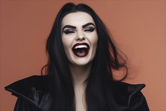 Smiling woman with Halloween vampire makeup and costume in front of studio background. KI