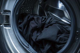 Close up of black clothes in washing machine. Generative Ai, AI generated