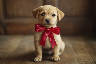 Cute dog puppy with red christmas gift ribbon around neck. Generative Ai, AI generated