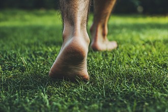 Close up of man's bare feet walking over grass. Generative Ai, AI generated