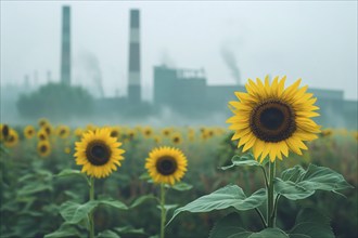 Agricultural field with growing sunflowers and factory with grey fumes in blurry background.