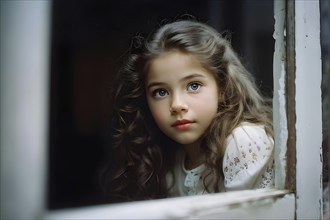 Young girl lost in the realm looking out of a weathered window as symbol for loneliness, AI