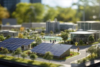 Scale model of a solar park on a polished conference table, AI generated