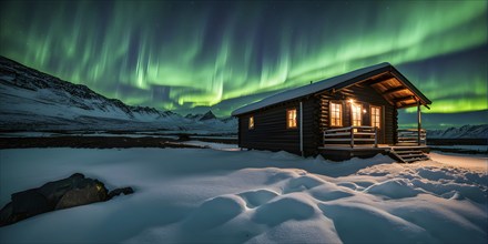 Aurora borealis illuminating snow covered fjord landscape with a wooden cabin in vibrant hues, AI