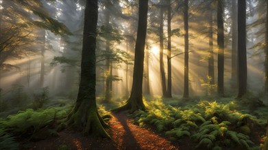 Fog covered forest in summer with mystic golden sunlight, AI generated