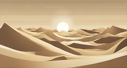 Abstract desert scene with triangular sand dunes and a single circular sun, using sharp lines and