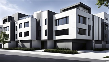 Rendering of a modern real estate residential house in clean geometric forms in black and white, AI