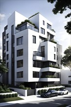 Rendering of a modern real estate apartment building in clean geometric forms in black and white,