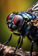 Macro of a housefly (Musca domestica) with detailed wings, large red compound eyes, and the fine