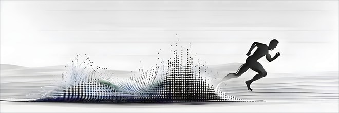 Wave of data points shaping into a runners silhouette, abstract illustration in black and white,