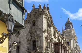 Lima, Peru, Archbishop Palace on colonial Central plaza Mayor or Plaza de Armas in historic center,