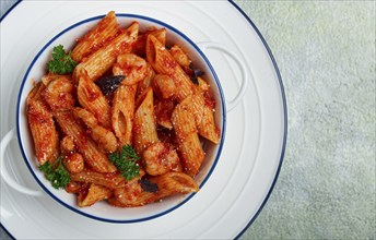 Penne pasta, with shrimp in tomato sauce, close-up, no people