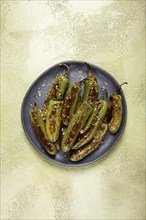 Fried padron pepper, in a frying pan, with olive oil, and sea salt, homemade, no people.