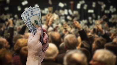 Male hand holding up 5 one hundred dollar bills at an auction. the background is generative AI., AI