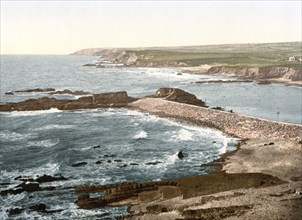 Bude, entrance to the harbour and breakwater, village on the north coast of the county of Cornwall