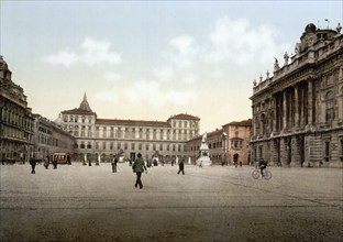 Castle Square with Royal Palace and Madama Palace, Turin, Italy, Historical, digitally restored