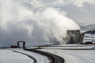 Krafla geothermal power plant, near Lake Myvatn, hot steam, snow, winter, Iceland, Europe