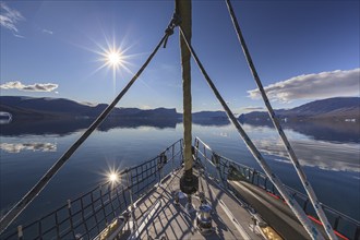 Sailboat, ship in fjord off Bergen, sunny, Scoresby Sound, East Greenland, Greenland, North America