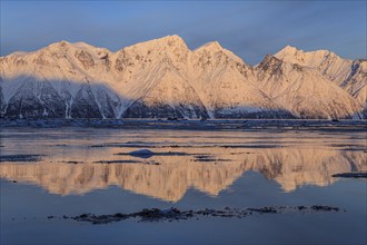 Morning light, mountains, snowy, reflection, sea, coast, fjord, winter, Lyngen Alps, Norway, Europe