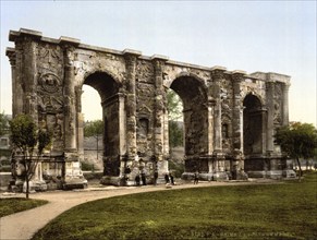 The Gate of Mars, Porte de Mars, a Gallo-Roman arch of honour in Reims, Grand Est, France, ca 1890,