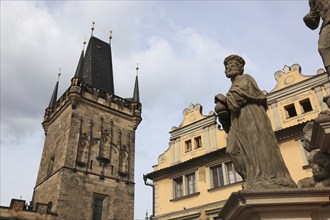 Part of the monument, The Saints on Charles Bridge and the Lesser Town Bridge Tower, Prague, Czech