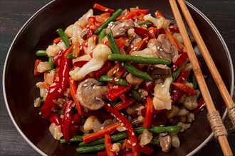 Wok, Asian-style vegetables, street food, mixed vegetables, no people, top view