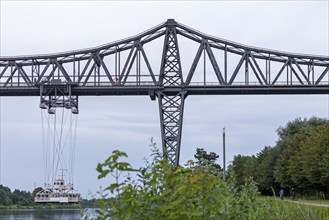 High bridge, transporter bridge, cyclist, Kiel Canal, Rendsburg, Schleswig-Holstein, Germany,