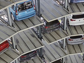 New cars for delivery in the car tower, interior view, detail, Autostadt, Volkswagen AG, Wolfsburg,