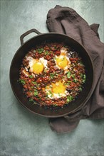 Fried eggs in tomato sauce, chirbuli, shakshuka, breakfast, eggs in tomatoes