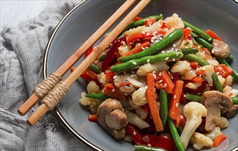 Wok, Asian-style vegetables, street food, mixed vegetables, no people, top view