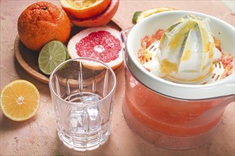 Citrus juicer, sliced fruit, glass with ice, close-up, no people, breakfast