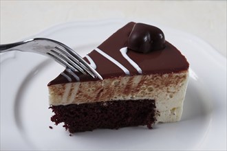 Slice of cake, bird's milk, chocolate sponge cake with souffle, sweet dessert, on a white plate,