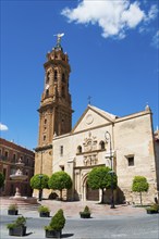 Historic church with high brick bell tower in a sunny square with blue sky, Real Colegiata de San