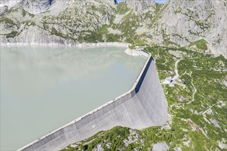 Dam of reservoir Lake Albigna near village Vicosoprano, Bergell, Switzerland, Europe