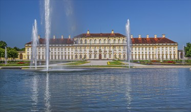 Garden parterre with fountain in front of the New Palace in the Schleissheim Palace complex,