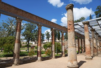 Ancient row of columns in a ruined site, surrounded by nature and under a clear sky, Mérida,