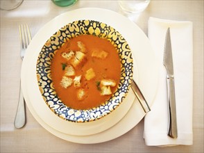 Gazpacho or gaspacho, cold soup made from uncooked vegetables, traditional dish in Castile and