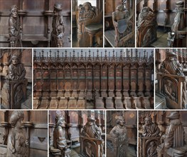 Choir stalls with carved figures, in the high Gothic Si. St Martin's Church, Memmingen, Bavaria,