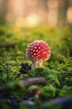 A red toadstool with white spots growing on a mossy forest floor in the dim light, Calw, Black