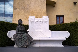 Bench with Sissi bronze figure, Sissi Terrace, Trauttmansdorff Castle, Merano, Merano, South Tyrol,