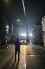 Transport of a 68 metre long, 22 tonne blade of a wind turbine, here in Breckerfeld, with a