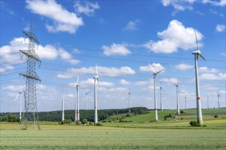 Wind farm near Brilon-Radlinghausen, high-voltage power lines, Sauerland, North Rhine-Westphalia,