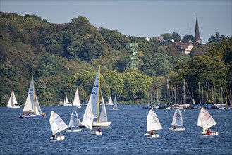 Lake Baldeney in Essen, reservoir of the Ruhr, sailing regatta, behind the winding tower of the